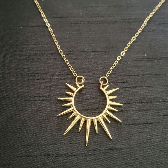 Gold tone sunburst spiked hoop semi circle necklace - Picture 2 of 3